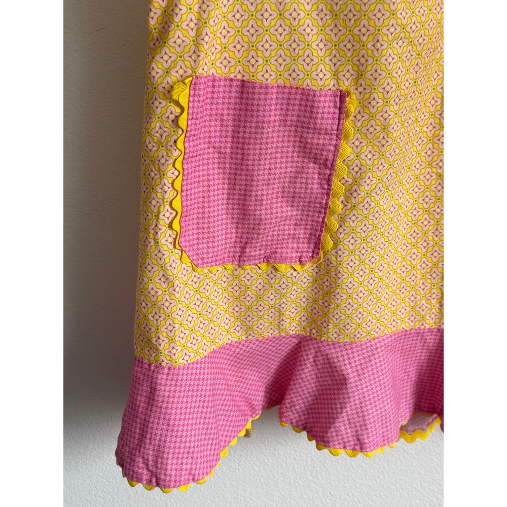 Pinafore Apron OS Yellow Pink Vintage Kitchen Cottagecore Rickrack Ruffle Pocket - Picture 3 of 5